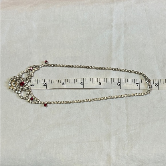 Vintage Clear and Ruby Red Crystal Rhinestone Old Hollywood Choker Bib Necklace - Picture 7 of 15